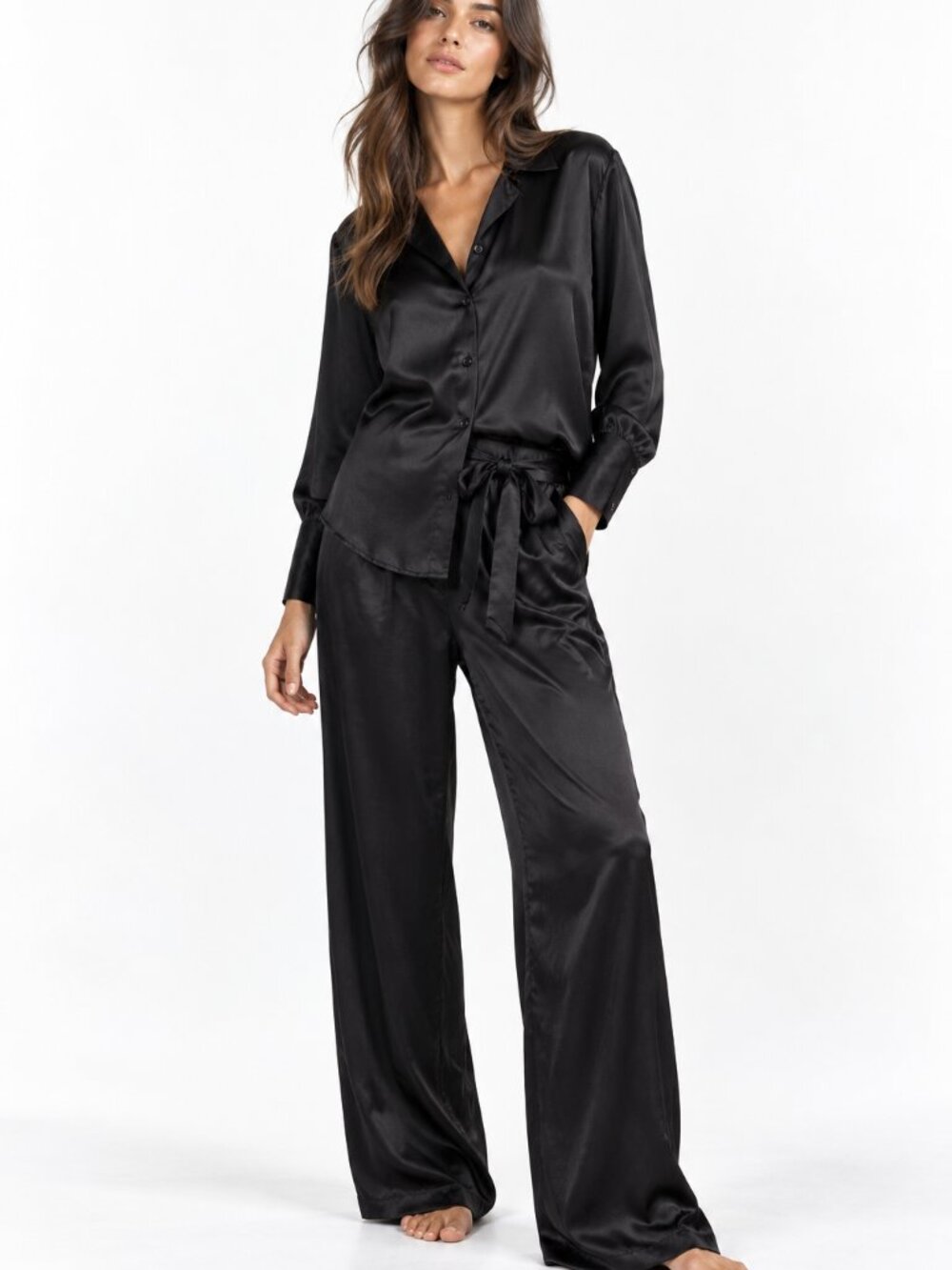 ZARA Black Satin 2 Pc Lounge Set Pants Blouse Silky XS